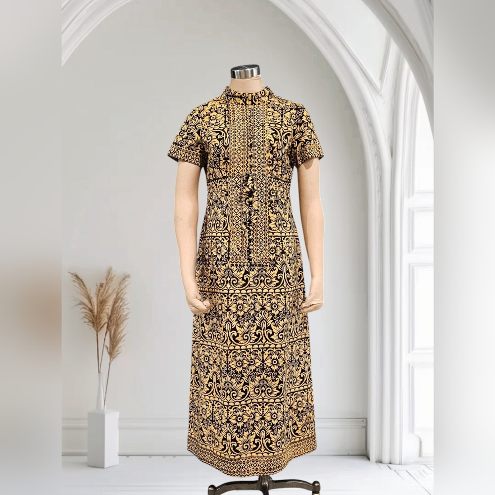 Vintage TANI Exclusive Black Gold Tribal Bohemian Midi Maxi Dress S